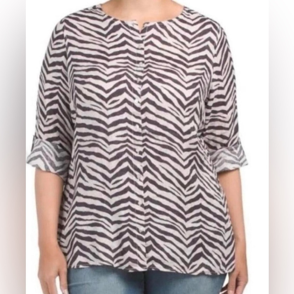 Tahari 100% Linen Zebra Print Tunic Top 2X Beige Brown Roll Tab Sleeve Blouse